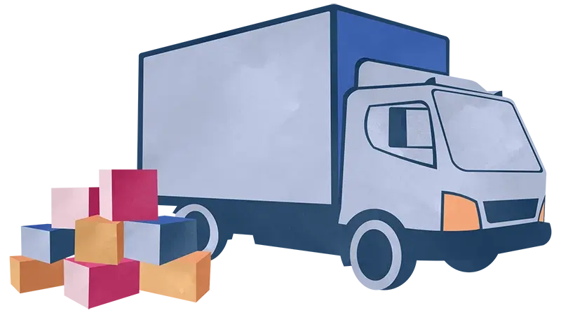 Kuvituskuva, joka kuvastaa muuttoa, kuorma-auto ja laatikoita.