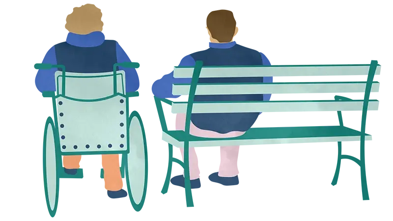 Kuvituskuva, jossa henkilöt istuvat toinen penkillä ja toinen pyörätuolissa.